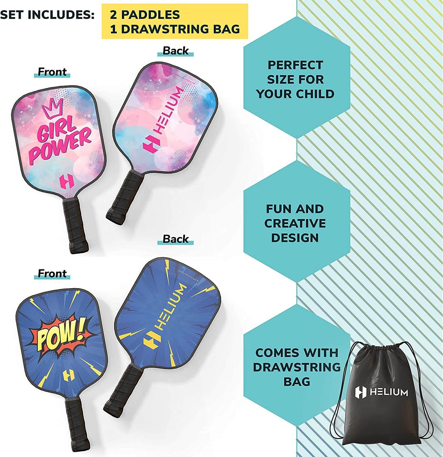 Helium Junior Pickleball Paddle Set - 2 Pack - POW! and Girl Power
